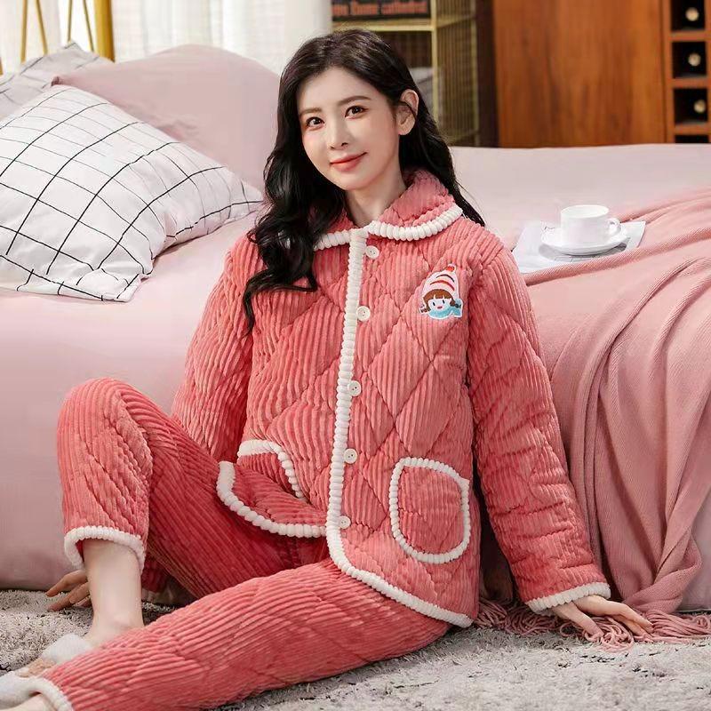 Coral fleece women's pajamas three-layer padded cotton thickened pregnancy postpartum breastfeeding set thermal loungewear