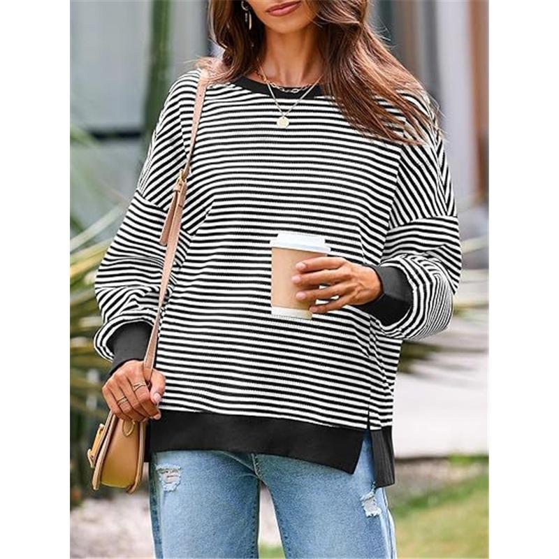 Dames Gestreept Crewneck Sweatshirt Los Oversized Lange Mouw Pullover Casual Dagelijks Blouse Top