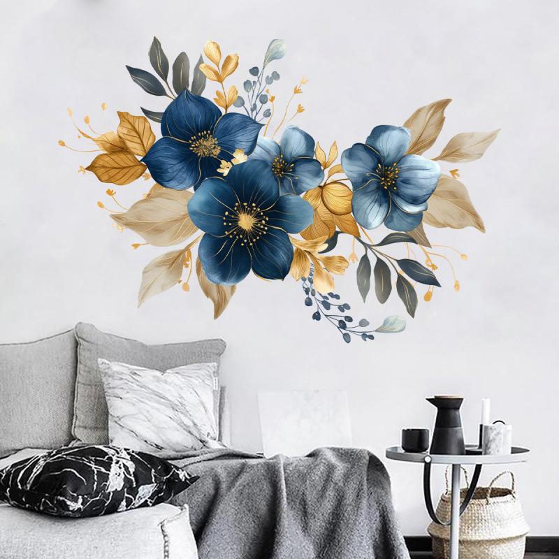 Creative Blue Flower Wall Stickers Self Adhesive Peel and Stick Decor for Living Room Bedroom Hallway Home Interior Decoration