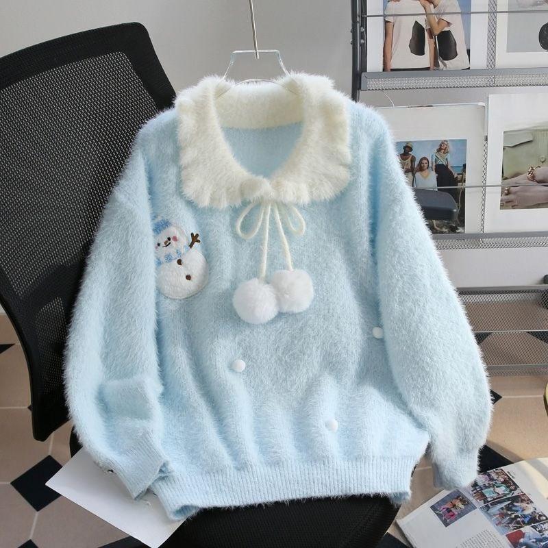 Women Cute Snowman Pattern Blue Sweater Korean Lazy Style Doll Neck Knitted Top Autumn Loose Versatile Female Pullover Sweater Onesize синий