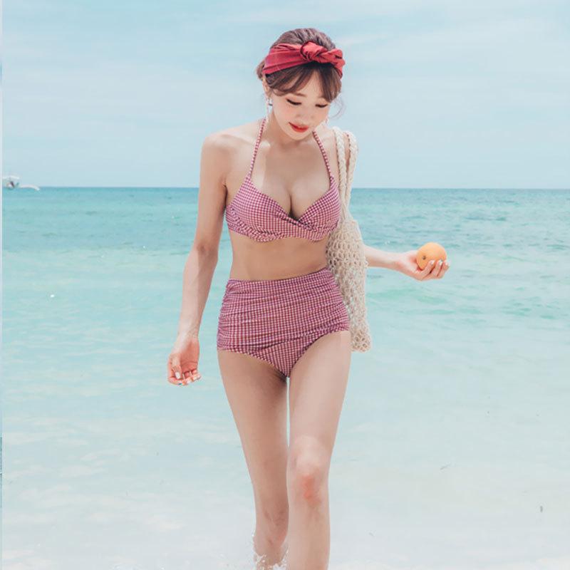 Small plaid bikini small breasts gather sexy and slim swimsuit bikini high waist retro Korean split swimsuit