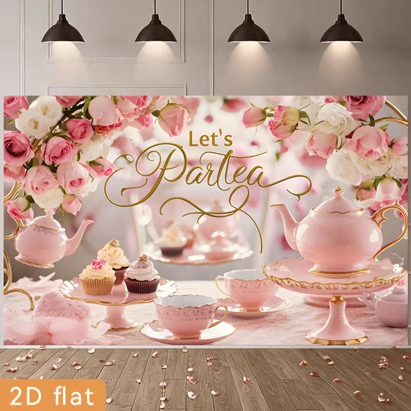 2D Let's Partea Photography Backdrop Elegant Pink Teapot and Rose Tea Party Background