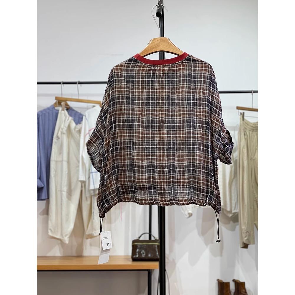 Dimanaf 2025 Summer Linen T-shirt Women Spliced Plaid Printing Short Sleeve Loose Red T-shirt