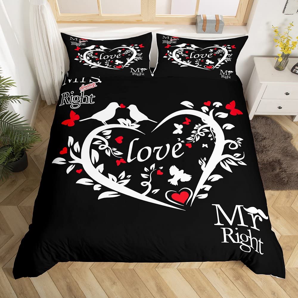 Valentine's Day Duvet Cover Set King Size,Red Truck Heart Tree Bedding Set,Rose Flowers Trailer Comforter Cover Romantic Gifts