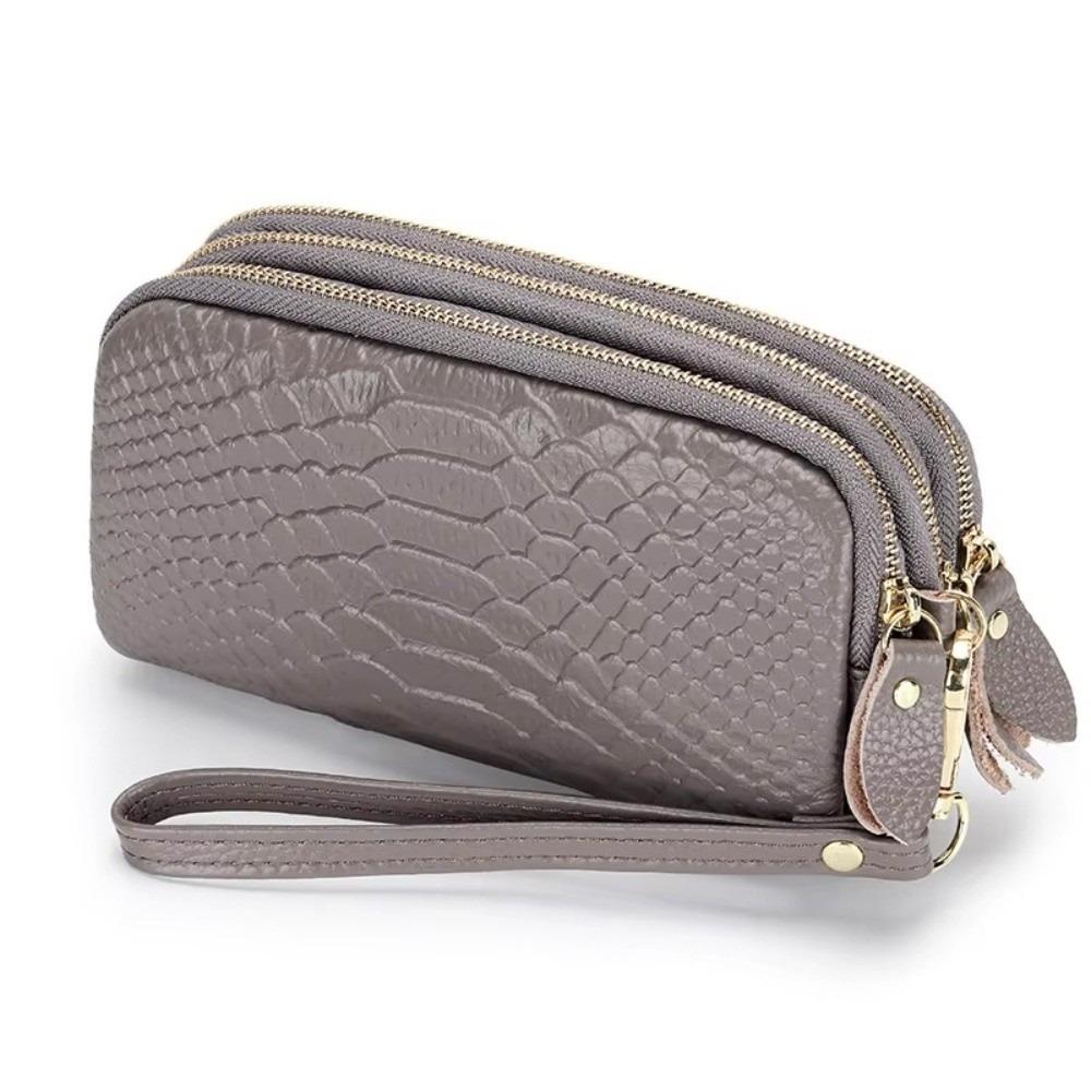 Solid Color Lady Clutch Crocodile Texture Long Zipper Genuine Leather Wallet Large Capacity 3-Layer Design Phone Bag for Women