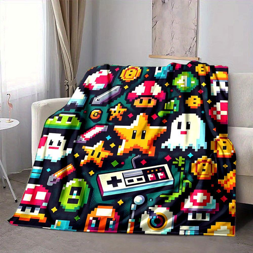 1pc Gaming PixelArt Flannel Throw Blanket HD Printed Lightweight Soft Warm All Season Blanket for Sofa, Bed, Travel, Camping Machine Washable