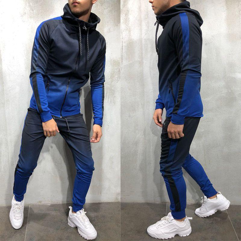

Мужской спортивный костюм из 2 предметов: худи и брюки-джоггеры, однотонный, с карманами на молнии, облегающего кроя XL синий