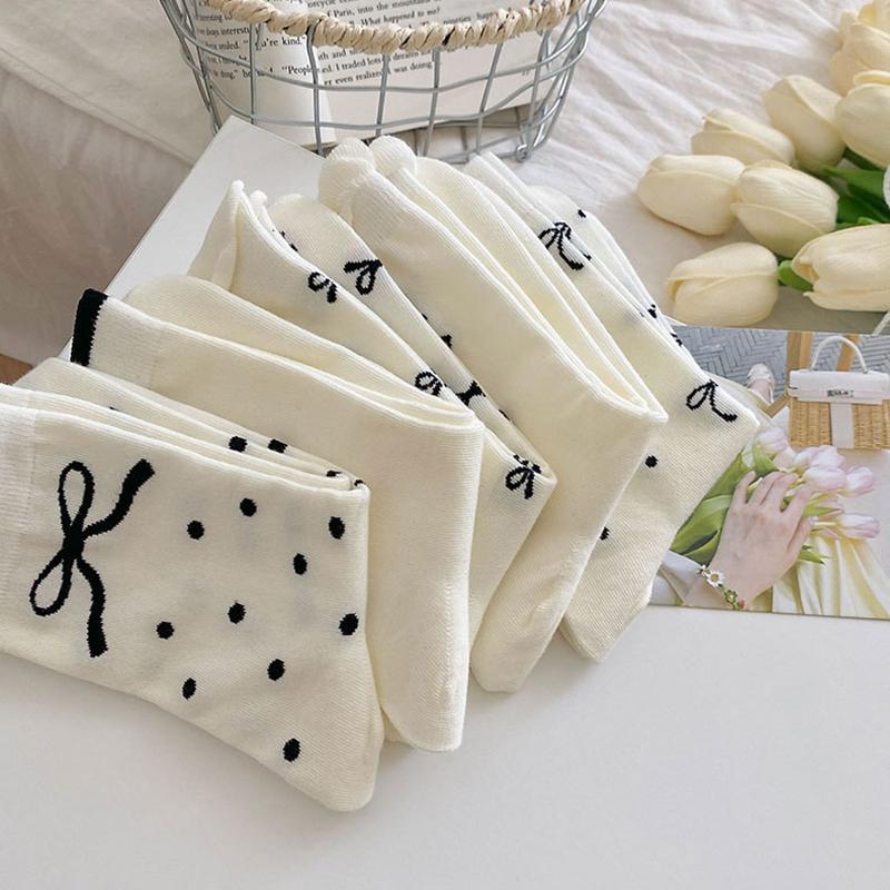 5 Pairs Women Bow Socks Spring Summer Autumn Winter Middle Tube Sock Thin Breathable Girls Cotton Socks Soft Comfortable Footwear