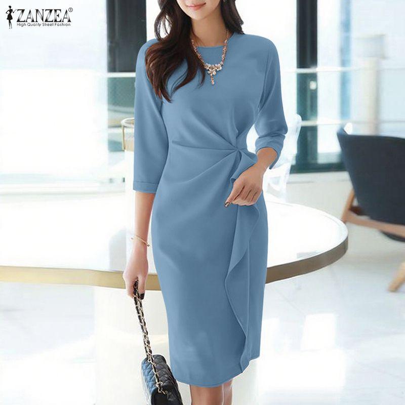 ZANZEA Women Casual Round Neck Solid Color 3/4 Sleeve Sheath Dress