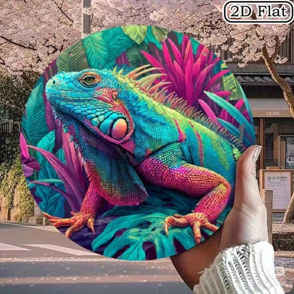 Vibrant Iguana Metal Wall Art Retro Tropical Jungle Reptile Decor Sign 8x8 Inch Aluminum Hanging Plaque For Living Room Outdoor