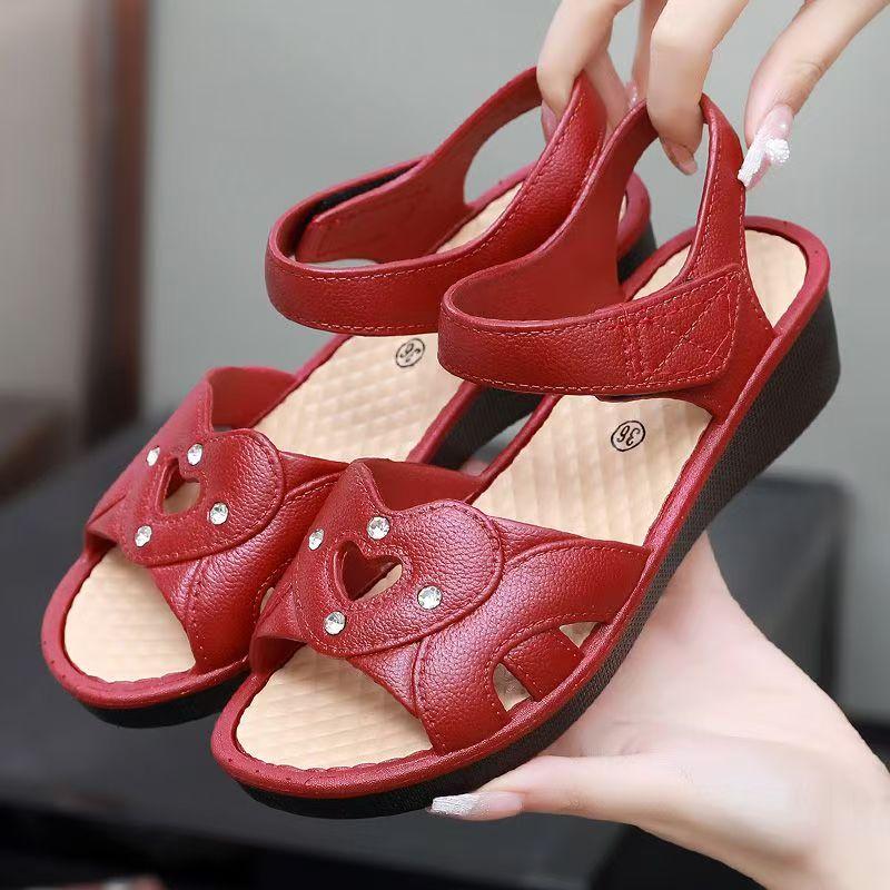 Damen Sandalen mit flachem Absatz für mittleres und älteres Alter Sommer Neu Weiche Sohle Rutschfest Leicht Wasserdicht Klettverschluss Offene Zehenpartie Sandalen