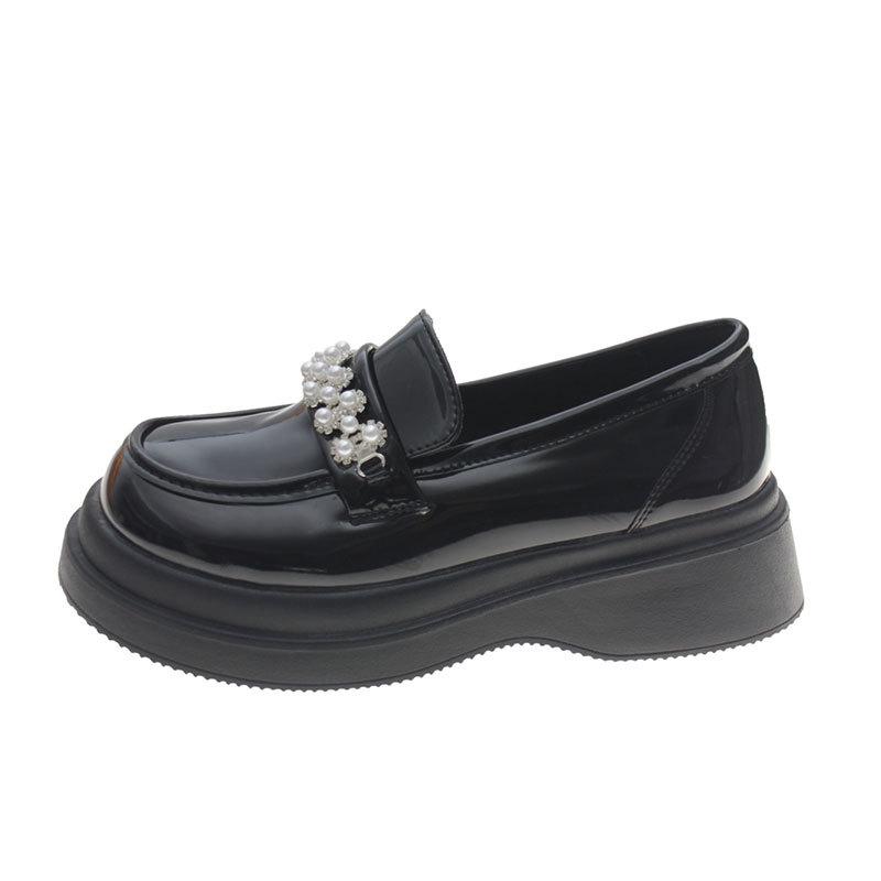 British style small leather shoes women's spring new French pearl with skirt round head muffin platform loafer single shoes