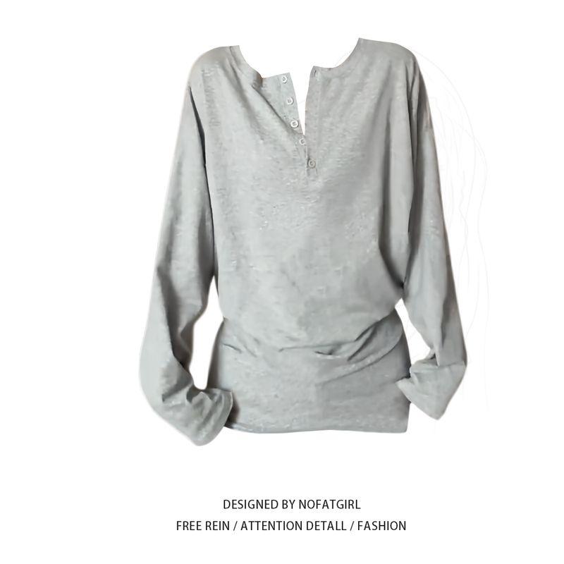 

Plus size Chubby Girl Lazy Loose Breasted V-neck Batwing Sleeve Top Women Early Spring Niche Design Versatile Slimming T-shirt Black Tops 2XL