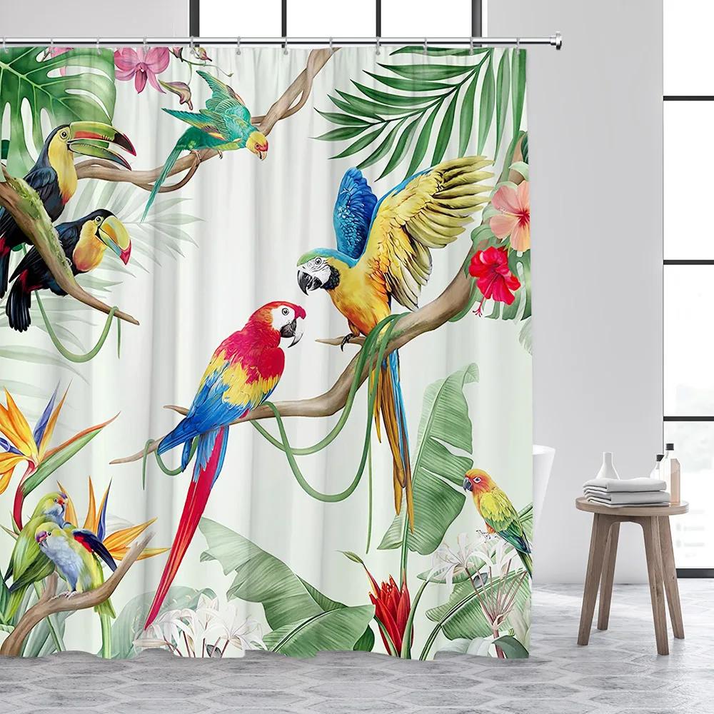Tropical Plant Leaves Shower Curtain Hummingbird Palm Leaf Monstera Butterfly Watercolour Art Fabric Home Decor Bathroom Curta