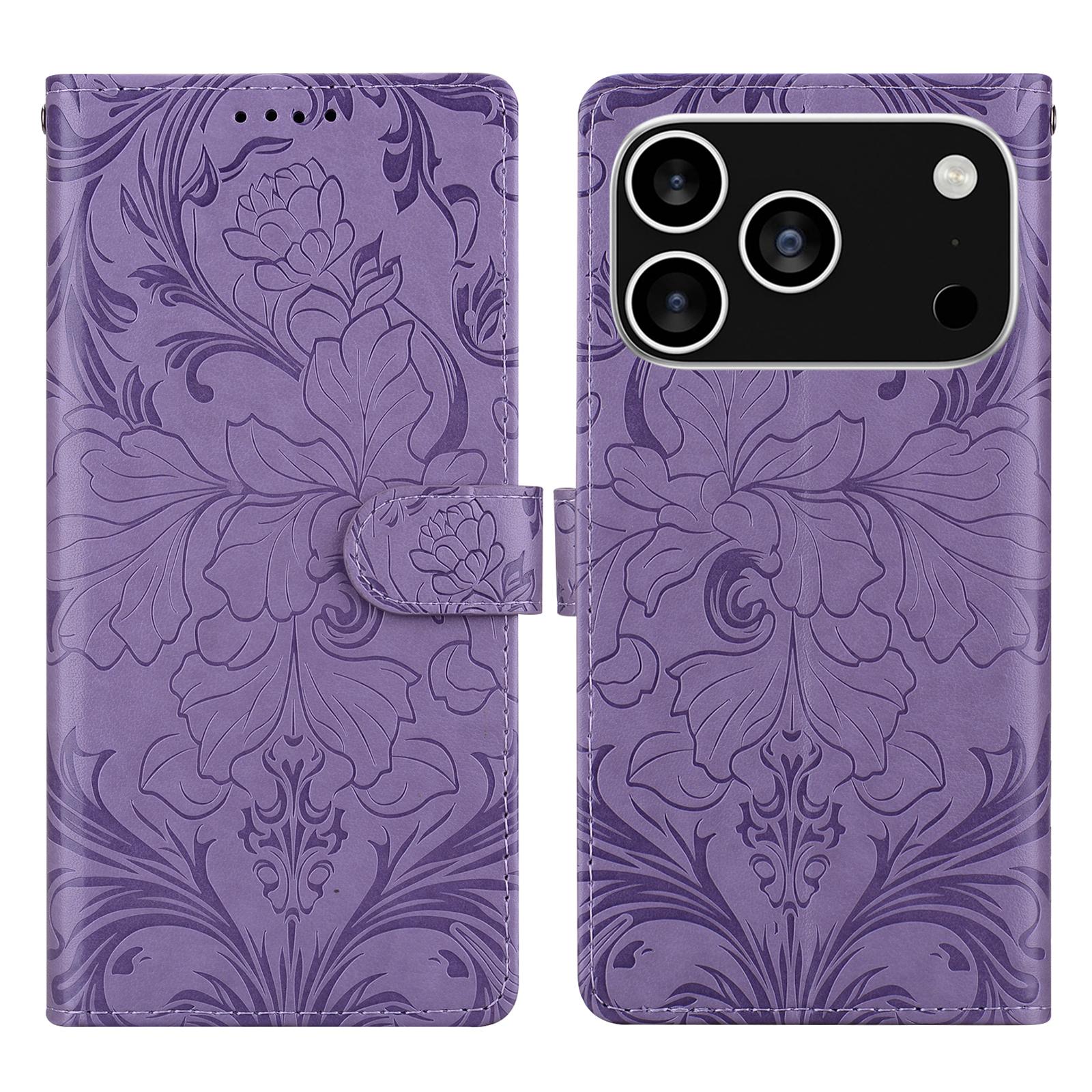 

For iPhone 17 Pro Max Leather Case Imprinted Floral Pattern Wallet Stand Flip Phone Cover Purple