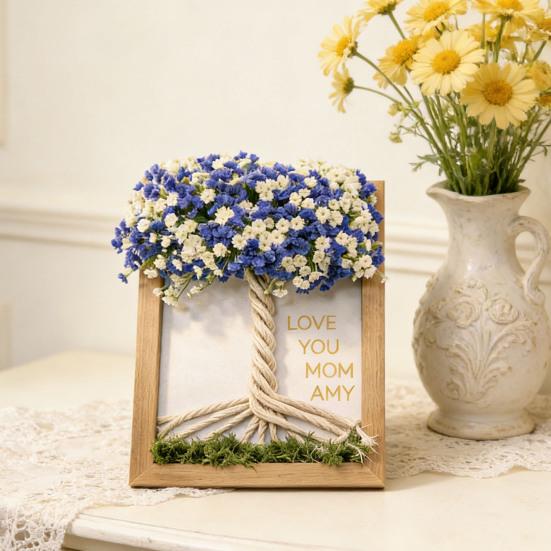 Dřevěný DIY fotorámeček s umělým kyticí gypsophily pro obývací pokoj, ložnici, kancelář, domácí dekoraci stolu, dárky ke Dni matek pro maminku, ženy