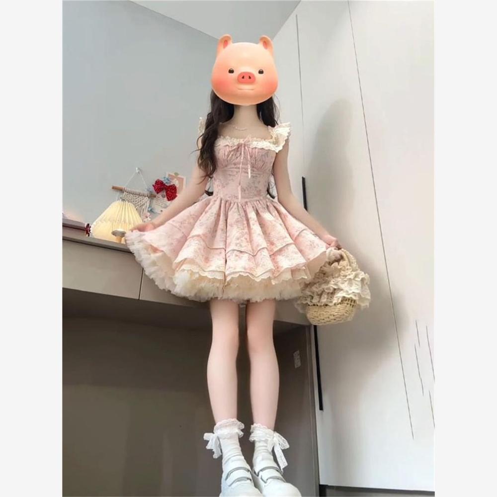 Sweet Spice Girl Blue Floral Dress Female Small Summer Beautiful Fluffy Short Dress Flying Sleeves Princess Cake Dress