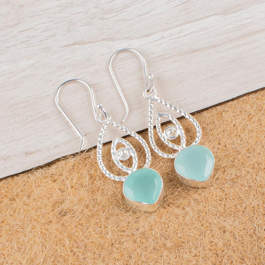 Aqua Chalcedony Gemstone 925 Sterling Silver Handmade Drop/Dangle Earrings 2.00" EE-32-14