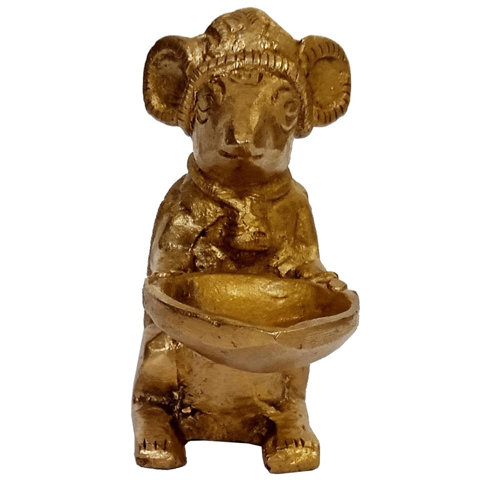Pure Brass Statue Ganesha Vahana Mooshak Collectible Idol Mouse With Diya Lamp