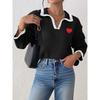 Women's Pullover Sweater  Fall Winter, Contrast Color Patchwork Lapel Heart Applique Top, Casual Casual Western Ladies Clothing