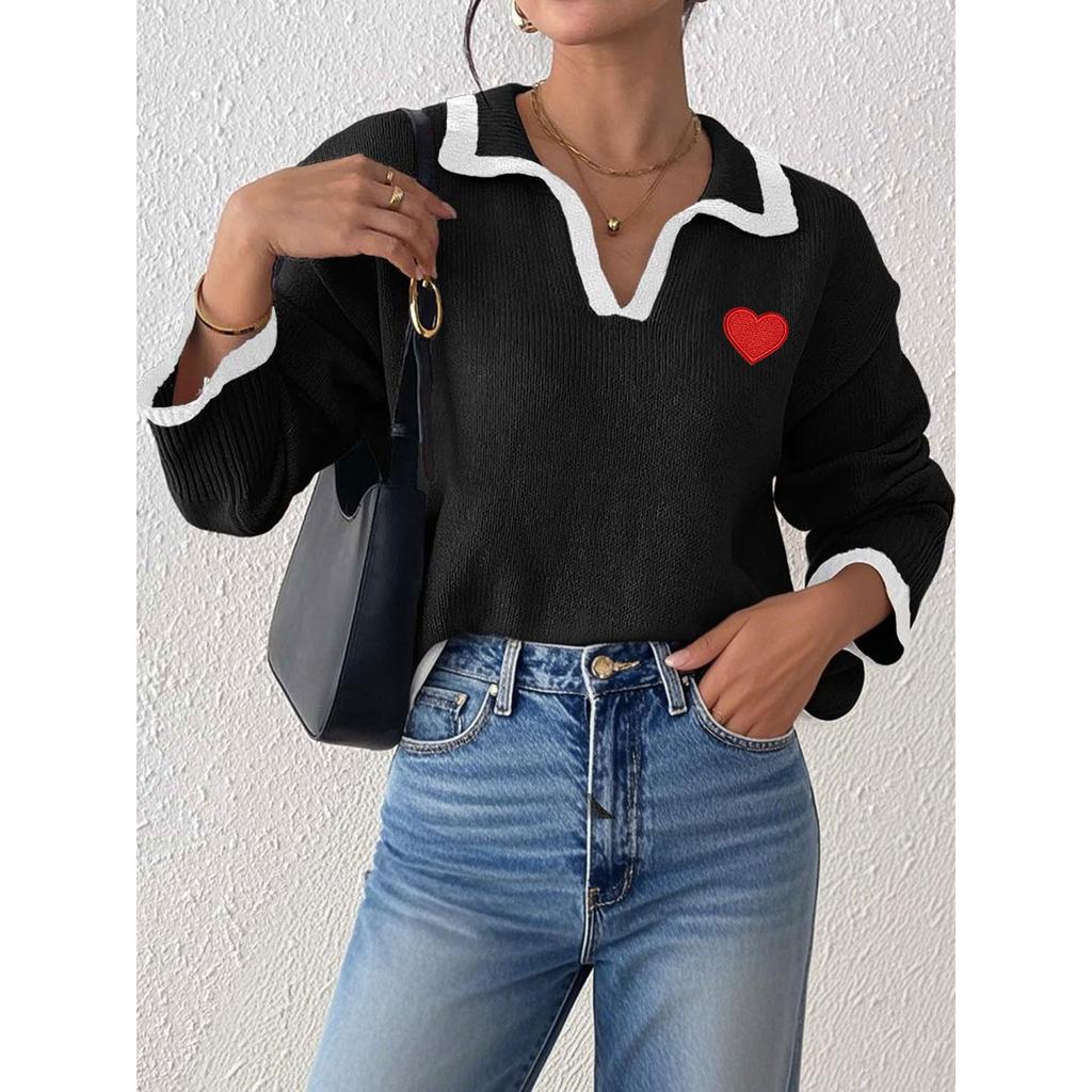 Women's Pullover Sweater Fall Winter, Contrast Color Patchwork Lapel Heart Applique Top, Casual Casual Western Ladies Clothing
