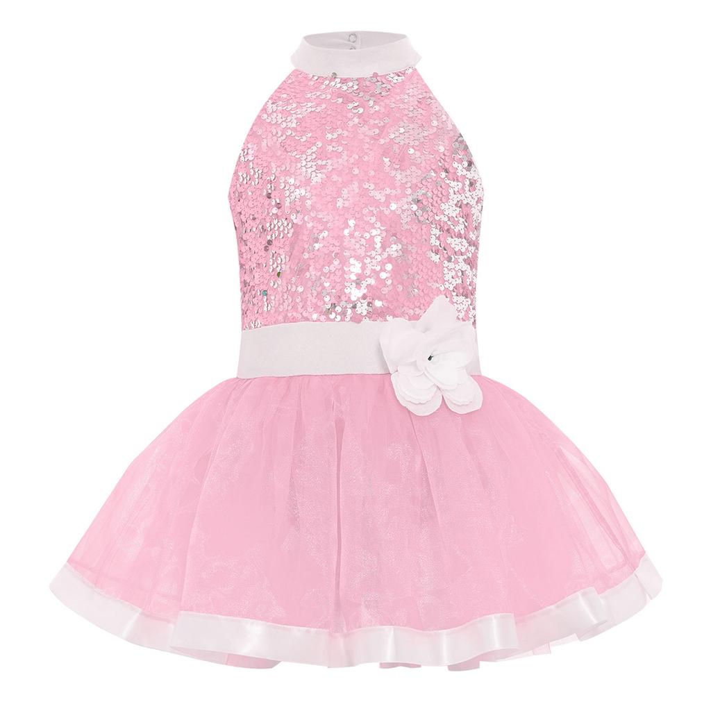 Rochie Tutu pentru Fete Corset cu Paiete Fustă Tulle Stratificat Fără Mâneci Spate Decupat Pantaloni Scurți Incorporați Costum Balet