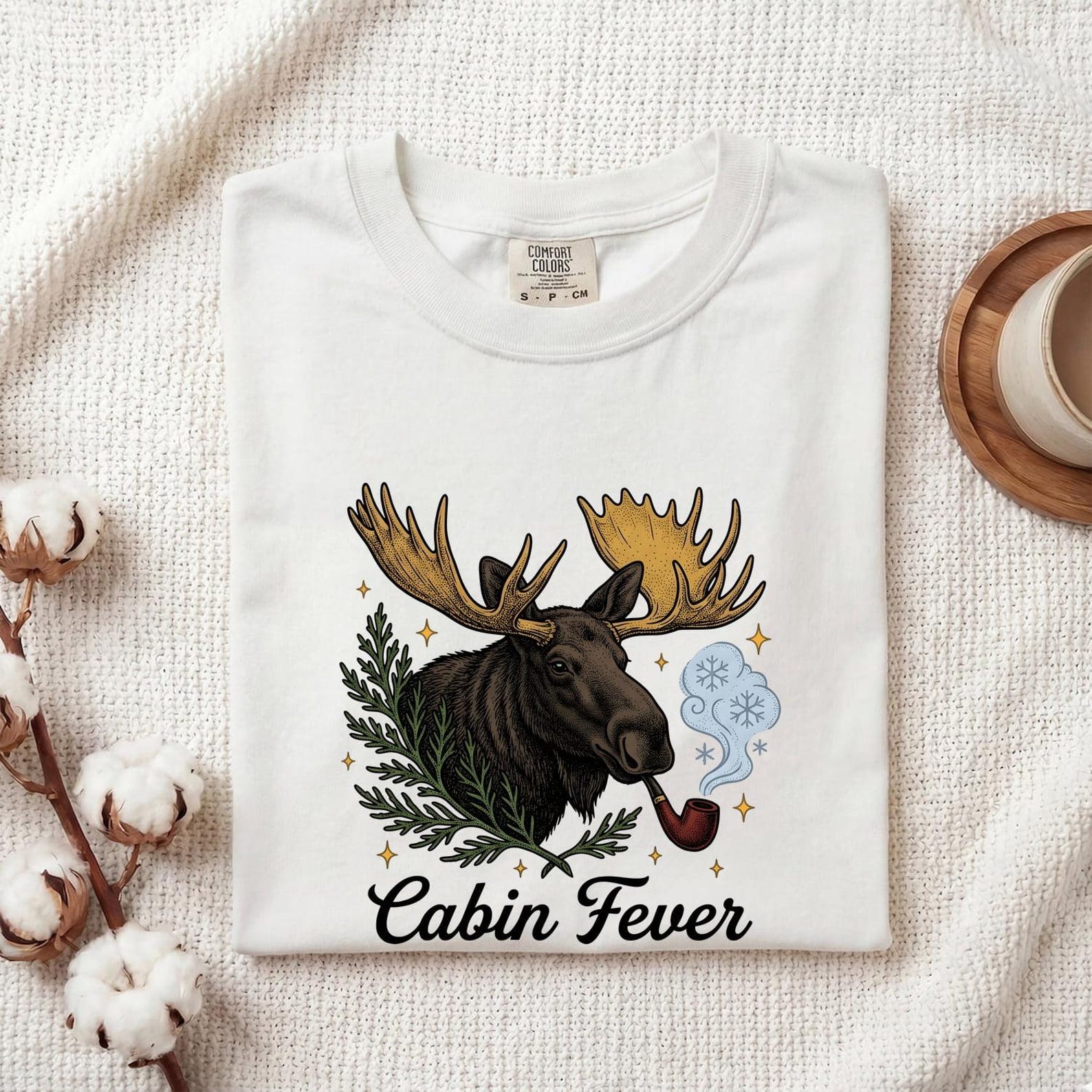 Moose Pipe Shirt Christmas Outdoors Gift Women Vintage Tee Smoking Pipe T-Shirt Xmas Fan Retro Tshirt Wilderness Graphic Hand Drawn Pine S