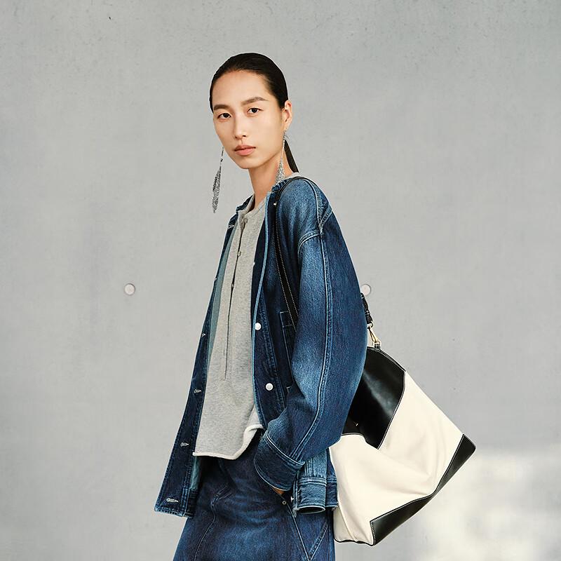 

МЕНЬШЕ 2025 Весна Прямая Свободная Длинная Джинсовая Куртка со Стойкой S