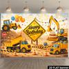 Sfondo striscione per festa di compleanno a tema veicoli da cantiere con bulldozer  escavatori  camion ribaltabili e altri da cantiere