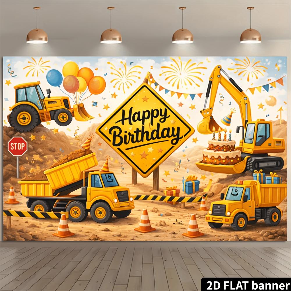 Sfondo striscione per festa di compleanno a tema veicoli da cantiere con bulldozer escavatori camion ribaltabili e altri da cantiere