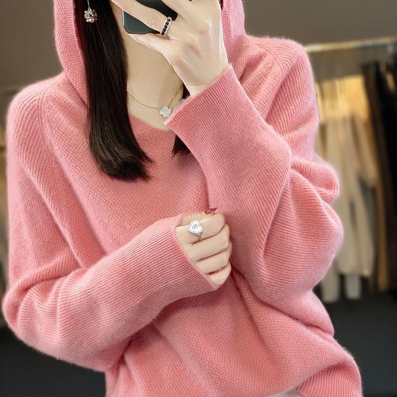 Autumn and Winter Knitted Sweaters Hoodies Women's Hooded Knitted Sweaters Loose and Warm V-neck Pullovers for Women