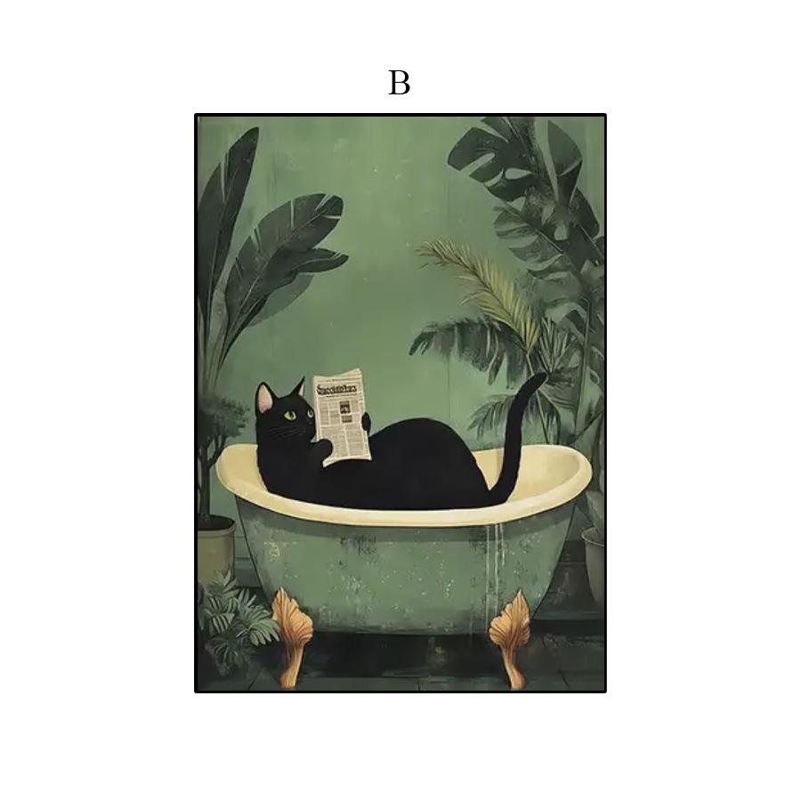 Arte de Pared en Lienzo Gato Negro Leyendo el Periódico en el Baño
