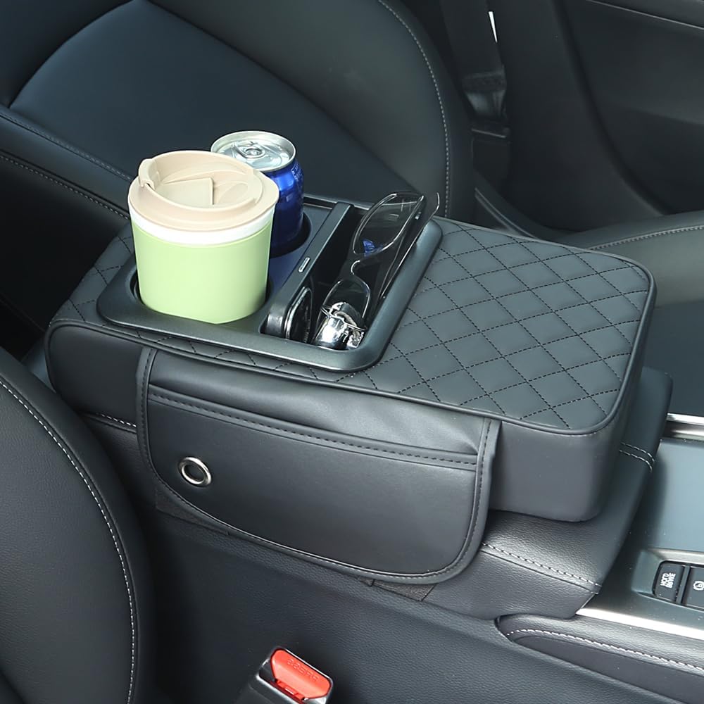 Universal Car Armrest Cushion Organizer - PU Leather Center Console Pad With Cup Holder, Phone Storage & Side Pockets, Multifunctional Armrest Cover