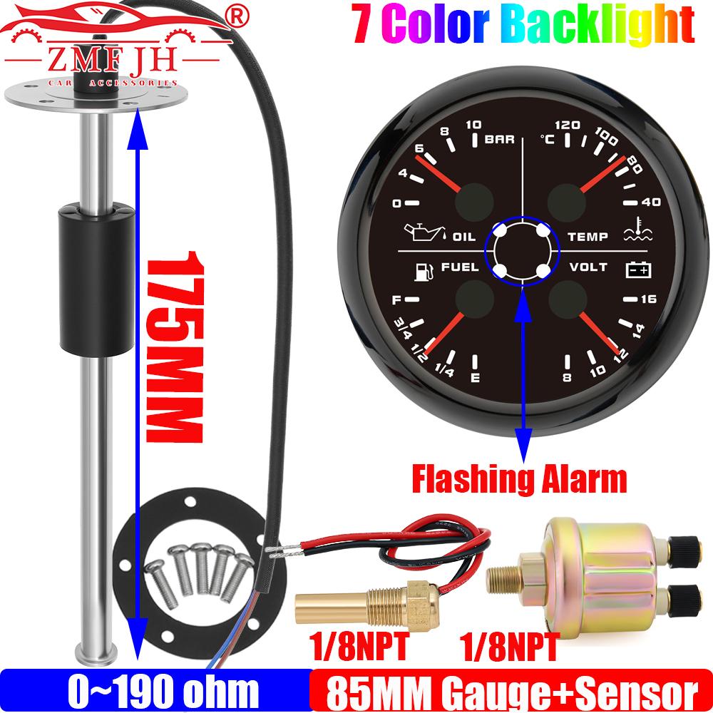 7 Color LED MultiFunction 85mm Gauge Oil Pressure+Water Temperature+Fuel Level Gauge+Voltmeter with Sensor 0-190ohm Auto Car 12V