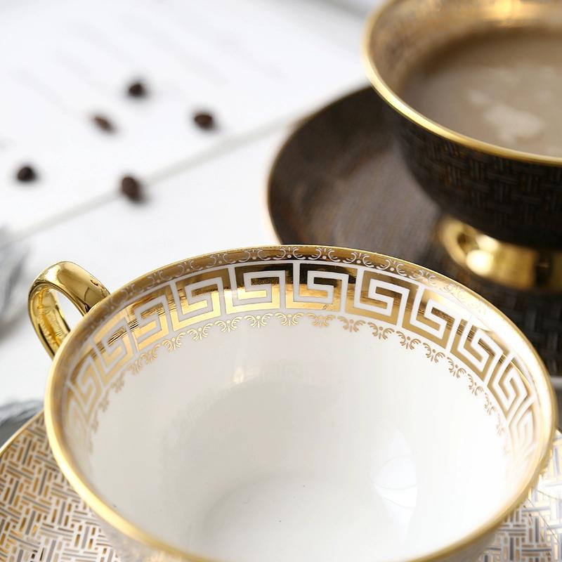 1 Set Light Luxury Bone China Coffee Cup and Saucer White/black Grid Tea Cup Gold Edge Inlay Tableware Gift