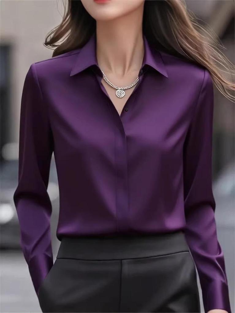 Herbst Einfarbig Satin Langarm Revershemd