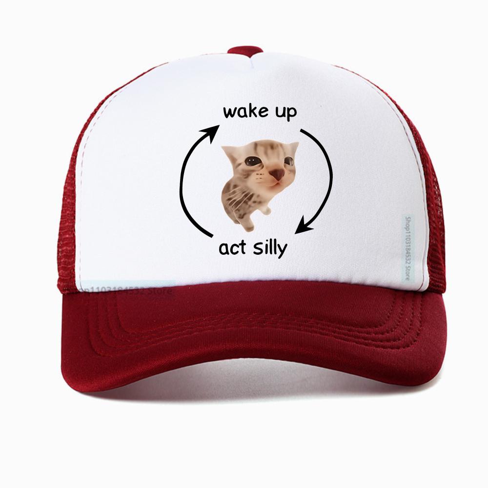 Funny Wake Up Act Silly Cat Print Graphic Baseball Cap Hip Hop Summer Mesh Breathable Trucker Hat Casual Fashion
