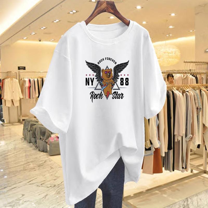 

Хлопковая футболка большого размера с повседневным принтом, женская летняя новинка, свободный белый топ с коротким рукавом S