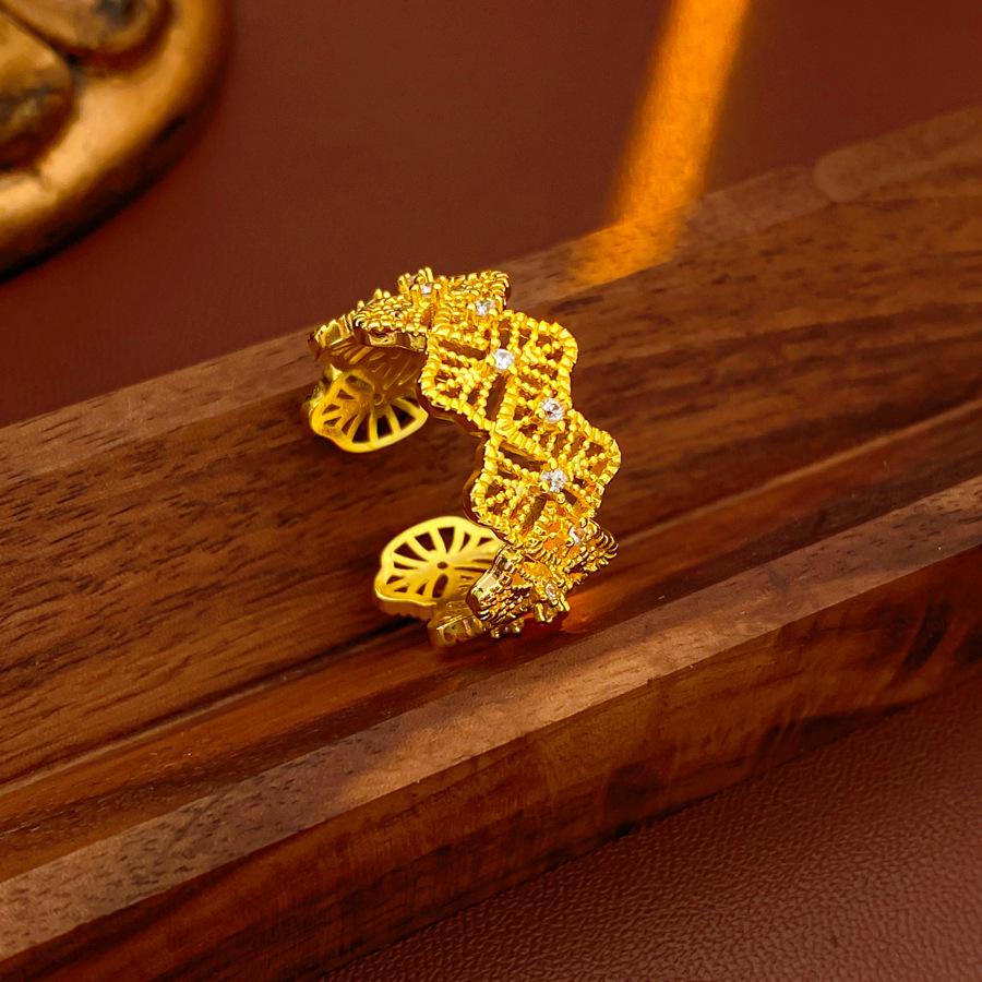 Retro Chinese Geometric Round Zircon Open Ring - High-End Luxury Finger Jewelry