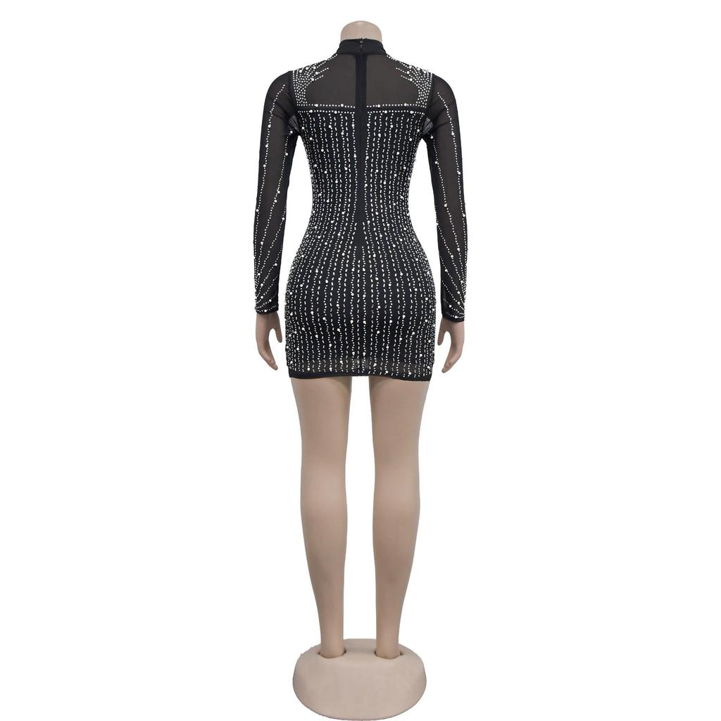 European & American Fashion Women's Long Sleeve Mesh Dress with Beaded Short Skirt