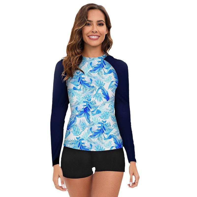 Zweiteiliger Sportlicher Badeanzug für Damen, Bikini-Set mit Langarm, Bedruckte Bademode mit Boyshorts