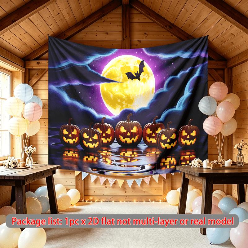 Pumpkins Bat Full Moon Halloween Theme Banner, Multicolor Polyester Backdrop for Wall Hanging & Photo Booth