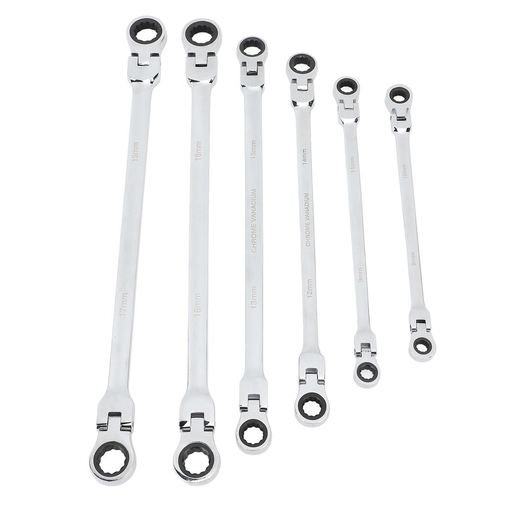 6 st Ledhuvud Spärrnyckelsats Metrisk 8‑19mm CRV Stål Extra Lång Dubbel Ringände Spärrnyckel för Reparation
