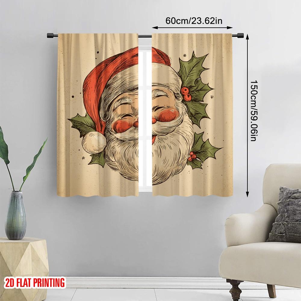 2pcs,2D Plane Printing Curtains Vibrant Santa Claus Head Polyester Easy Install (without Rod) All Seasons Ldeal for Living Room