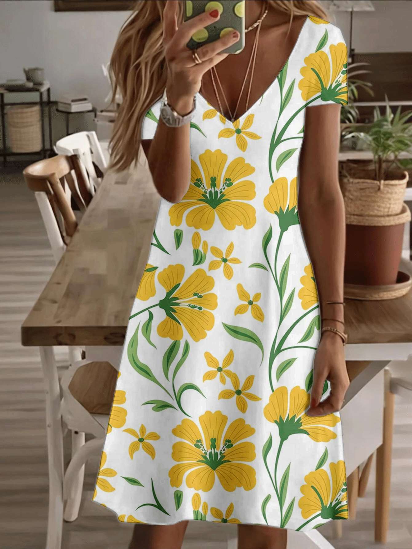 

Vneck shortsleeve midi dress yellow floral print pattern 3D premium printing durable casual fashion summer women dress elegant breathable comfortable 3XL дубильна кора