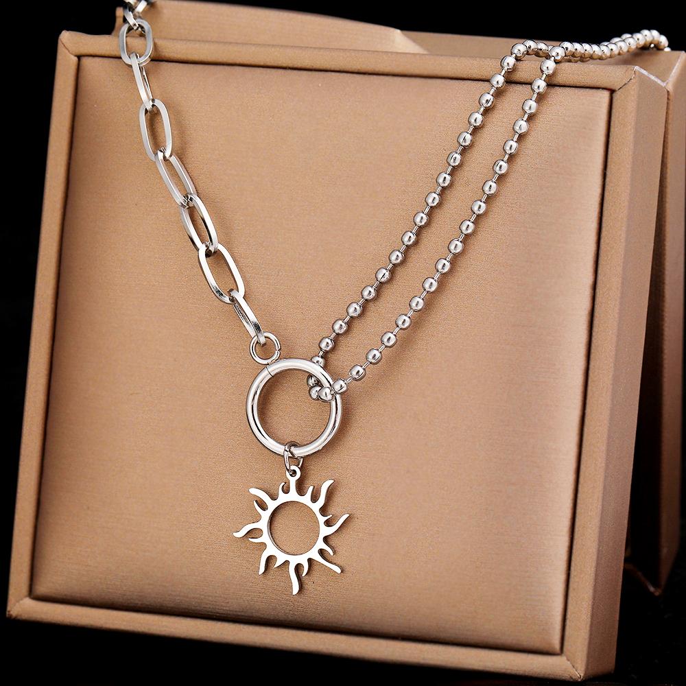 Stainless Steel Necklaces Trendy Fine Delicate Sun Totem Fashion Mix Match Zircon Chains Pendants Necklace For Women Zircon Gift