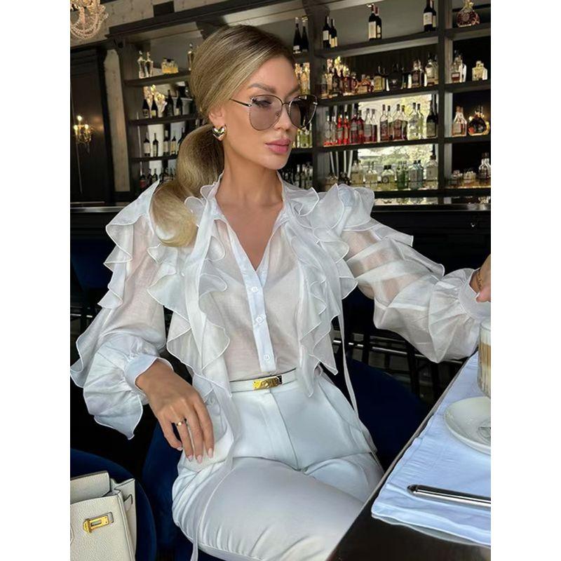 Fashion Wind Sexy See-through Long Sleeve Shirt Top Sexy Ruffle Edge See through Shirt