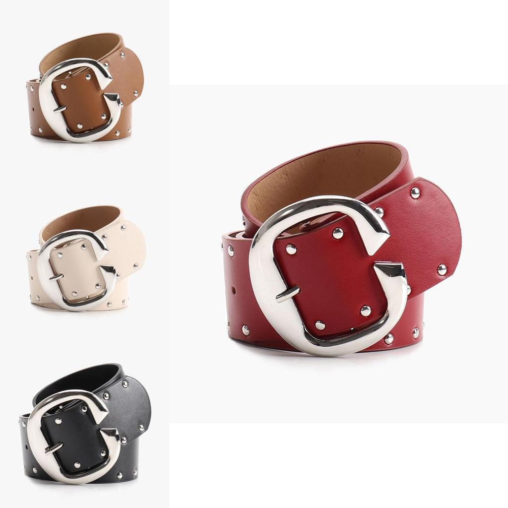 Hop Hip Inspired Women Leather Belt With Double Row Rivets And Large Buckle C