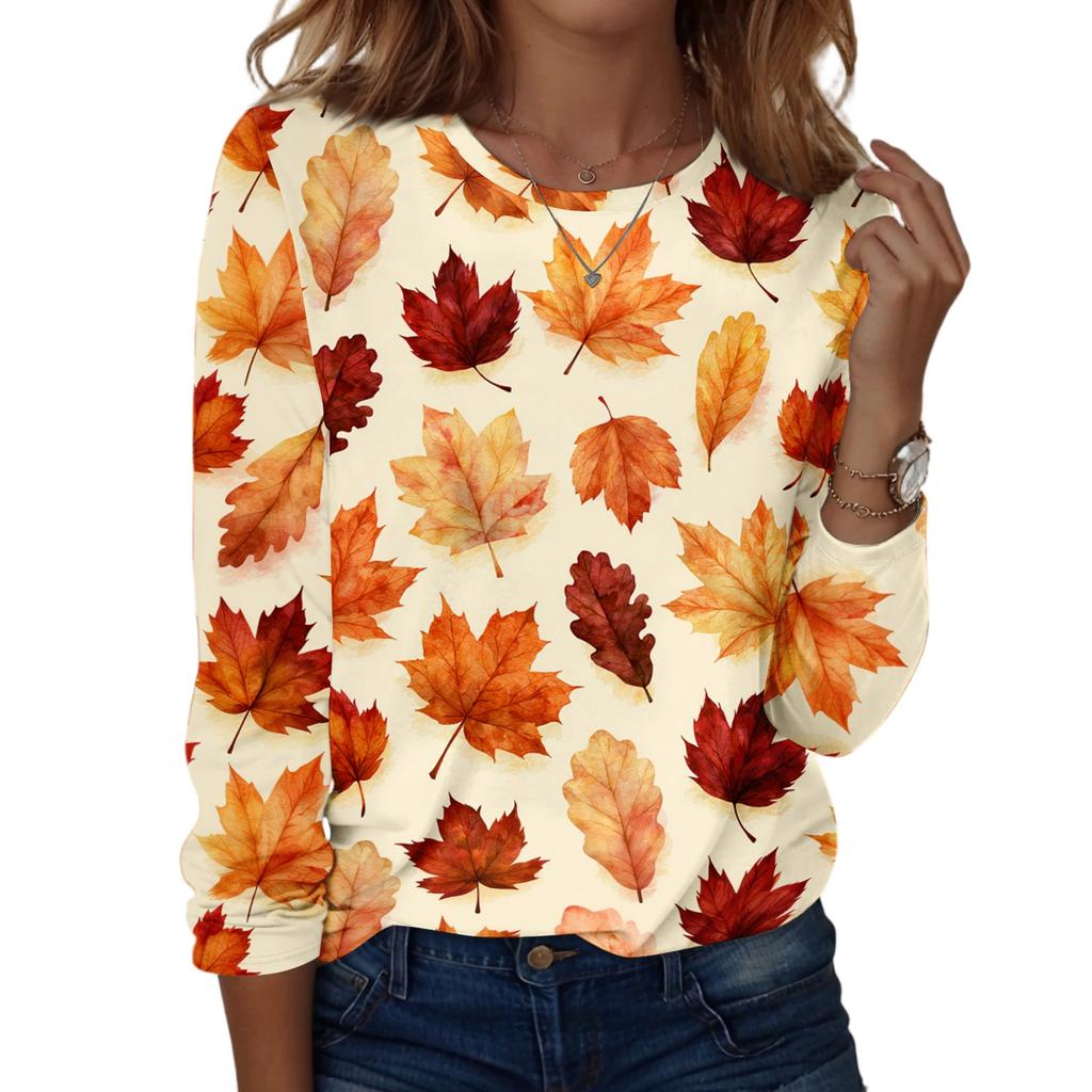 Women's Casual Long Sleeve Blouse with Leaves Print Round Neck Top for Everyday Wear