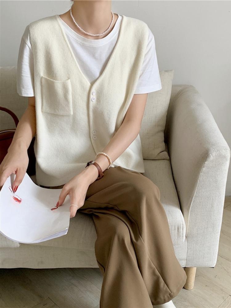 Korean Version Solid Pocket Knitted Vest Cardigan Women's Autumn Winter New Loose Fashion V-neck Sleeveless Sweater Vest